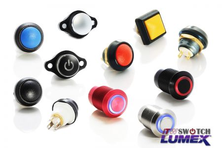 Interruptores de botão de 12 mm - ITW Lumex Switchfornece uma variedade de designs de botões que podem ser instalados em um recorte de painel de 12 mm.